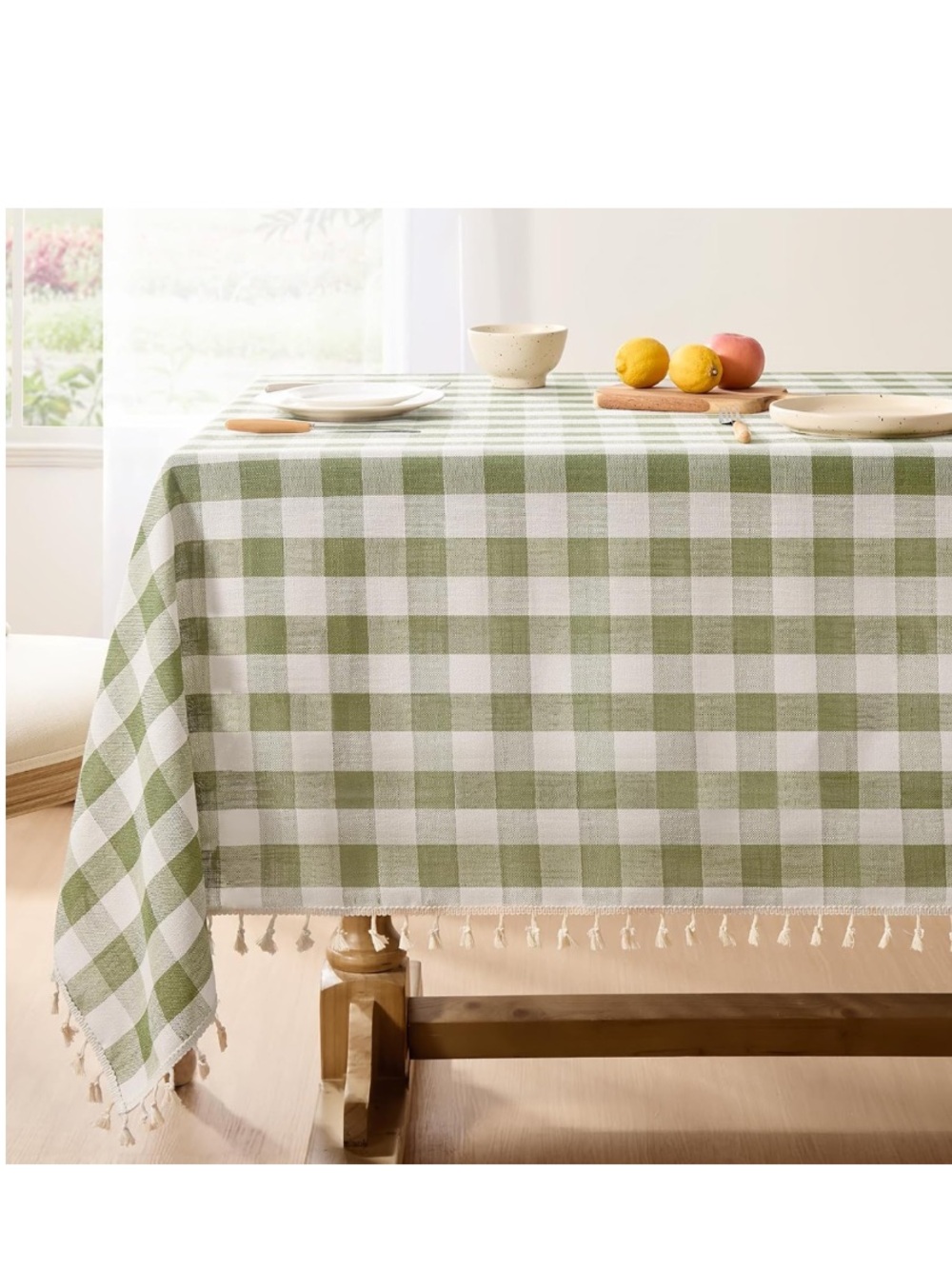 Modern Farmhouse Gingham Tablecloth Rectangular 55x84” Sage Green & White Plaid